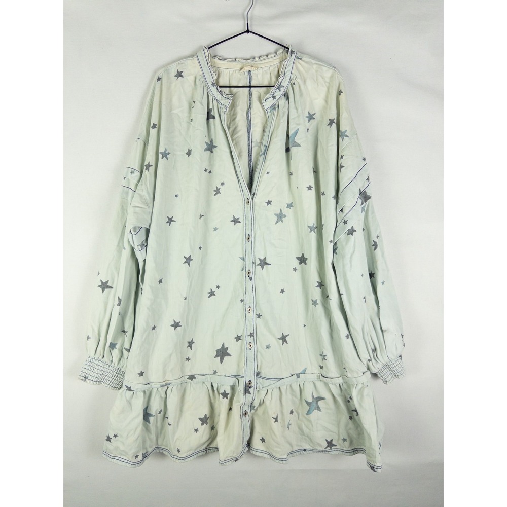 Pilcro Star Print Button Up Tunic Top Womens XL Mint Ivory Cottagecore Boho